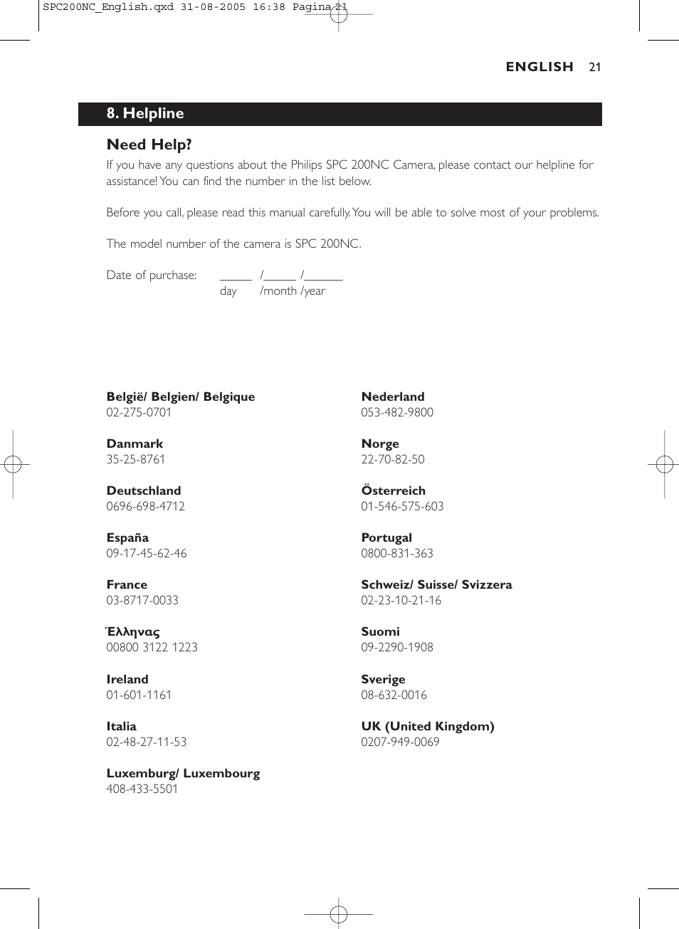 Helpline need help | Philips SPC 200NC User Manual | Page 21 / 22