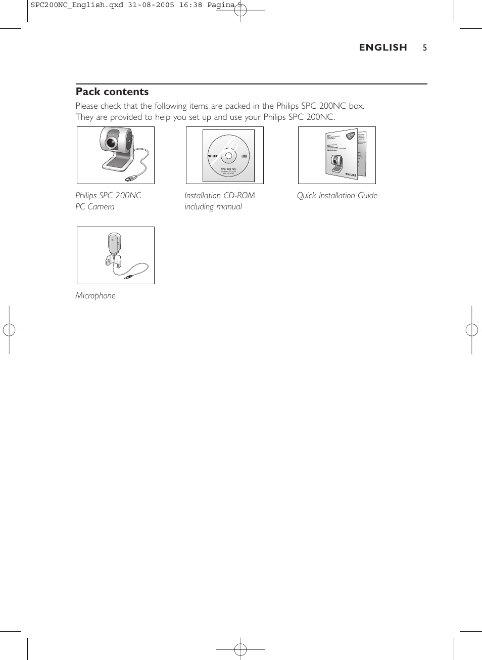 Pack contents, English | Philips SPC 200NC User Manual | Page 5 / 22