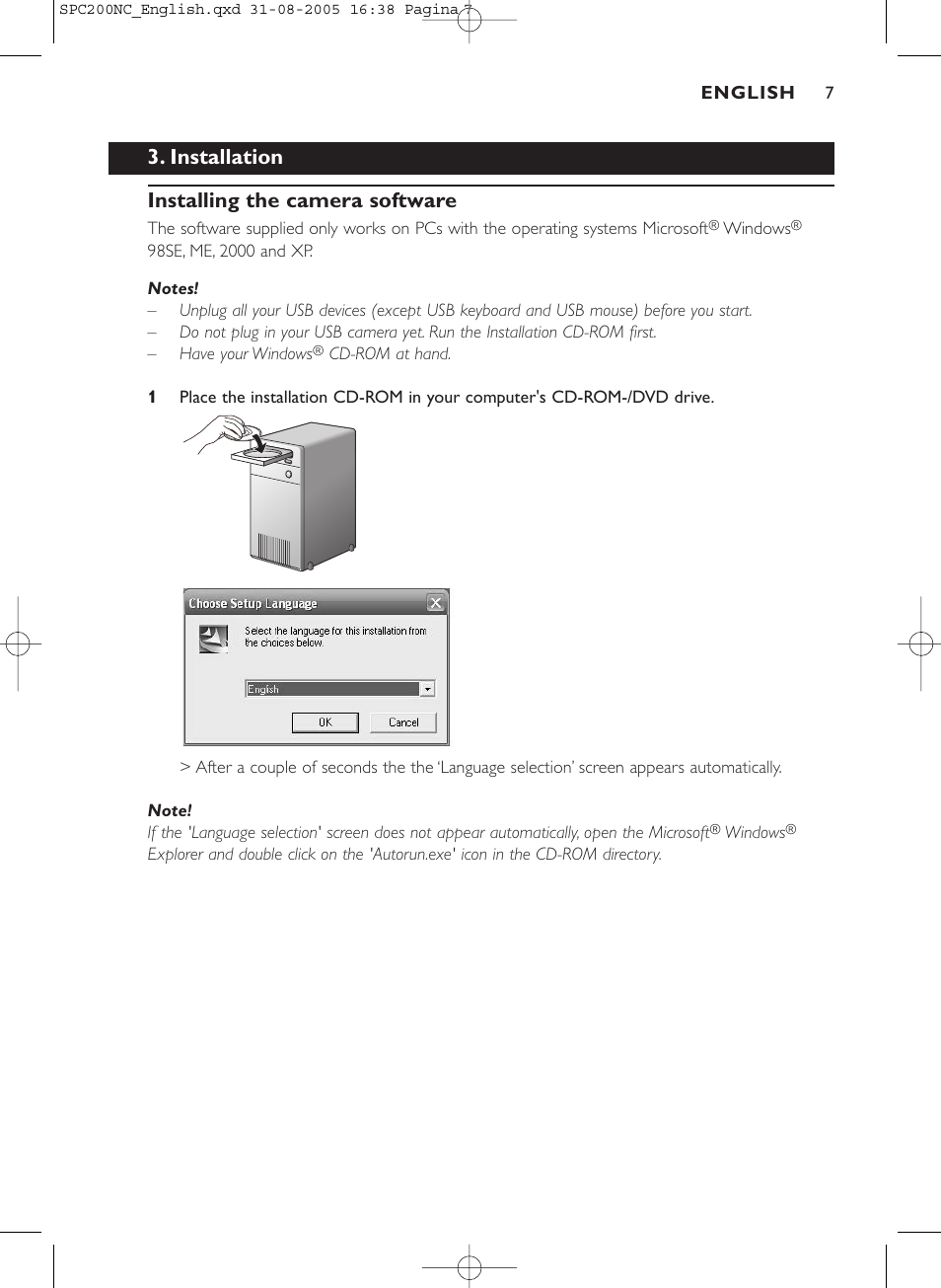 Installation installing the camera software | Philips SPC 200NC User Manual | Page 7 / 22