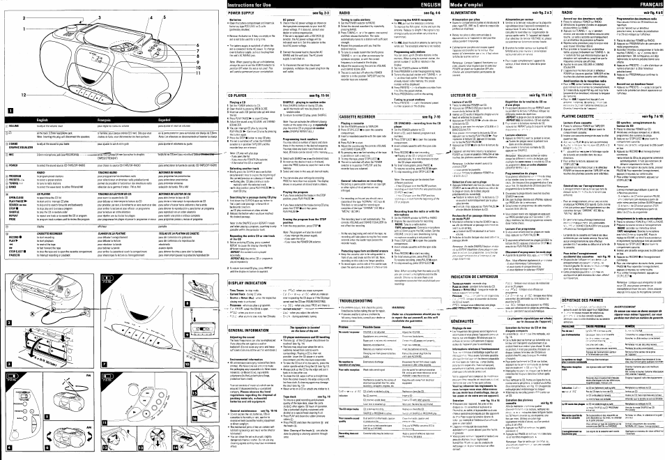 Power supply, See fig. 2-3, Cd player | See fig. 11-14, Display indication, General information, Radio, See fig. 4-6, Alimentation, Voirfig.2à3 | Philips AZ 8262 User Manual | Page 2 / 2