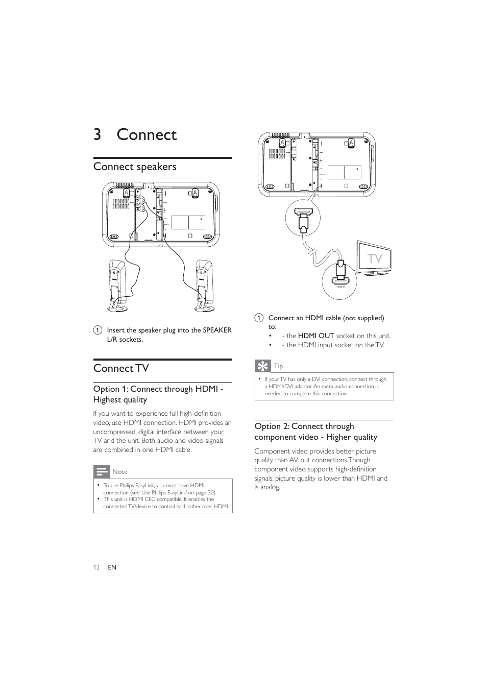 3 connect, Connect speakers, Connect tv | Philips HES4900/12 User Manual | Page 11 / 39