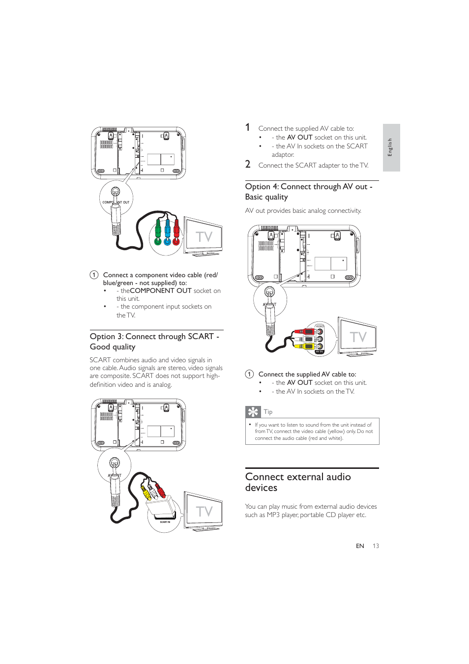 Connect external audio devices | Philips HES4900/12 User Manual | Page 12 / 39