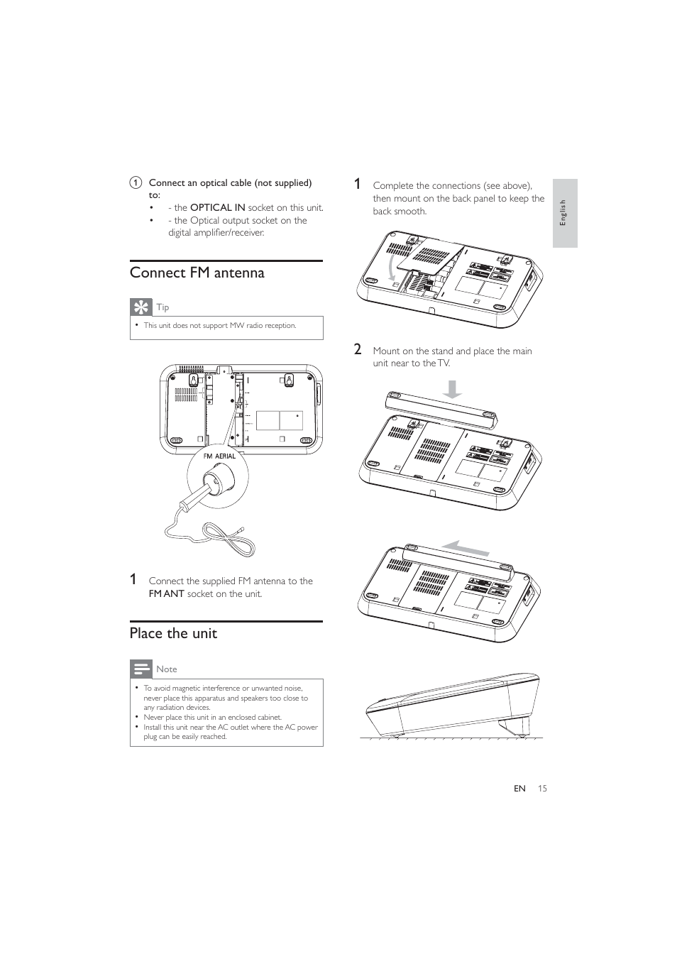 Connect fm antenna, Place the unit | Philips HES4900/12 User Manual | Page 14 / 39