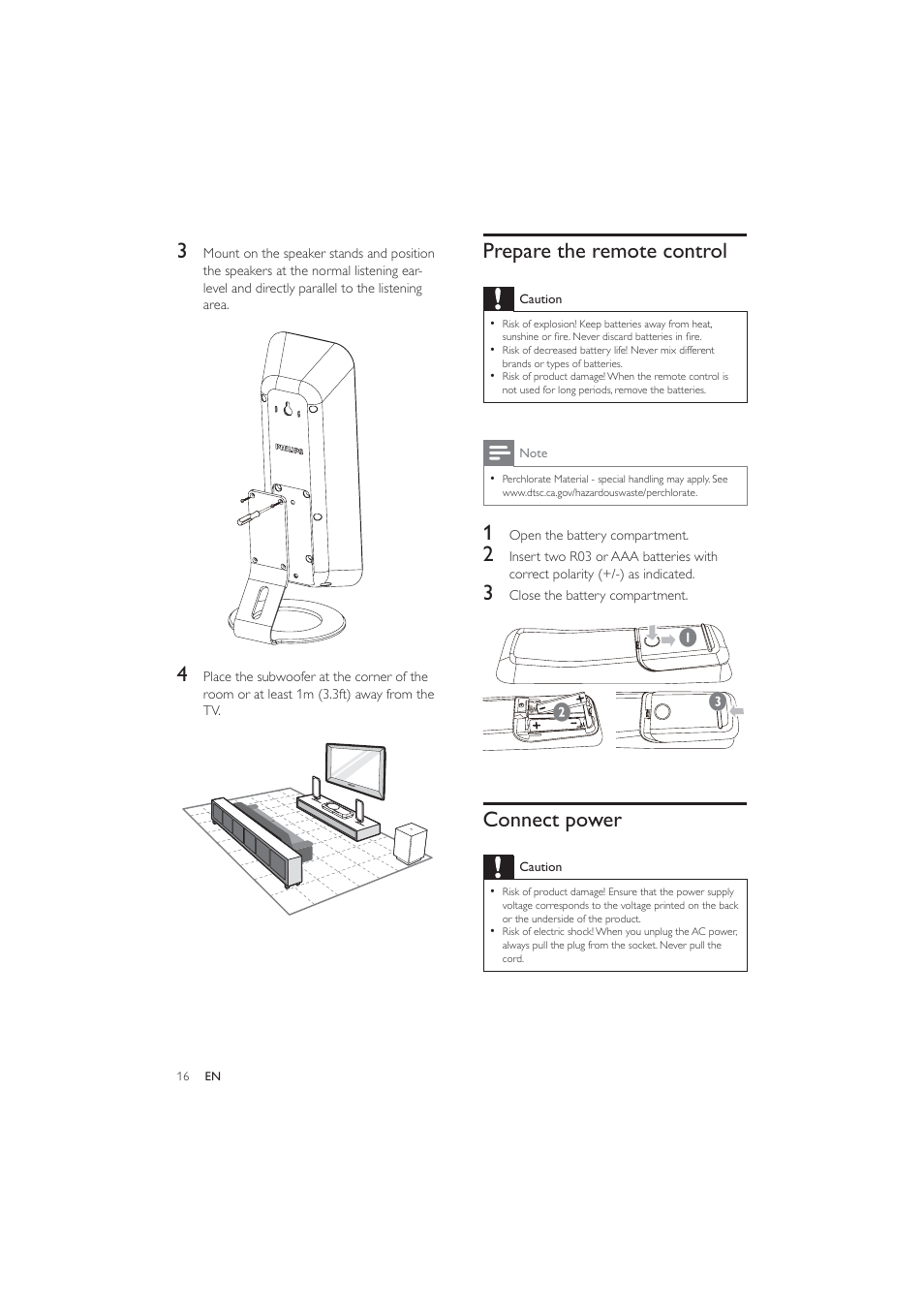 Prepare the remote control, Connect power | Philips HES4900/12 User Manual | Page 15 / 39