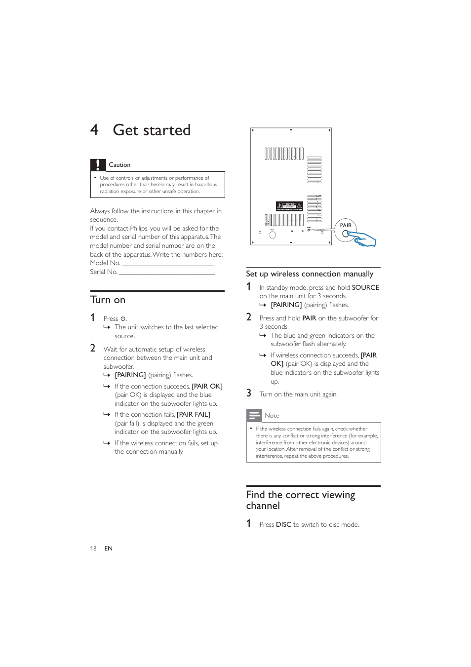 4 get started, Find the correct viewing channel 1, Turn on 1 | Philips HES4900/12 User Manual | Page 17 / 39