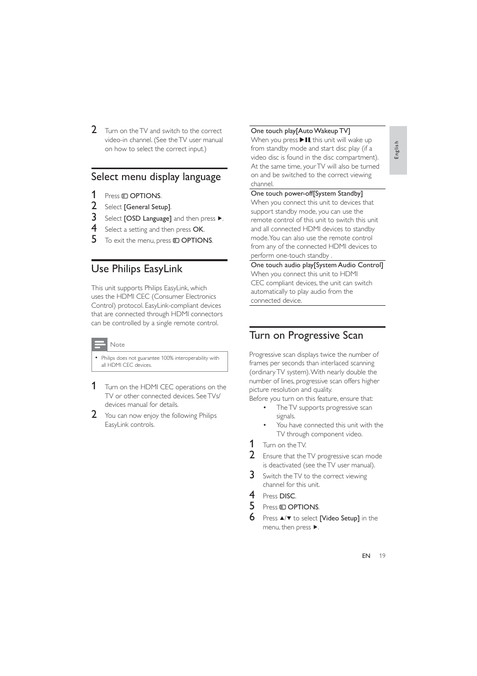 Turn on progressive scan, Select menu display language 1, Use philips easylink | Philips HES4900/12 User Manual | Page 18 / 39