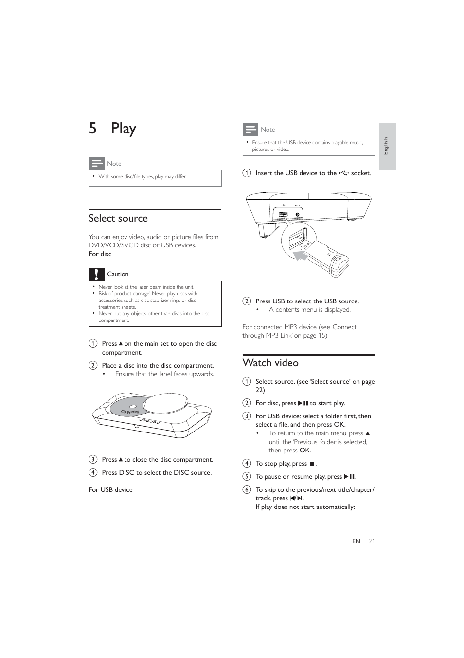 5 play, Watch video, Select source | Philips HES4900/12 User Manual | Page 20 / 39