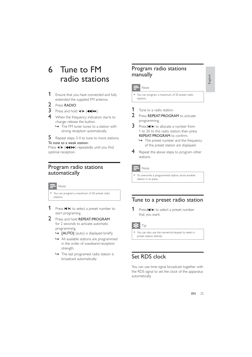 6 tune to fm radio stations, Program radio stations manually, Tune to a preset radio station 1 | Set rds clock, Program radio stations automatically | Philips HES4900/12 User Manual | Page 24 / 39