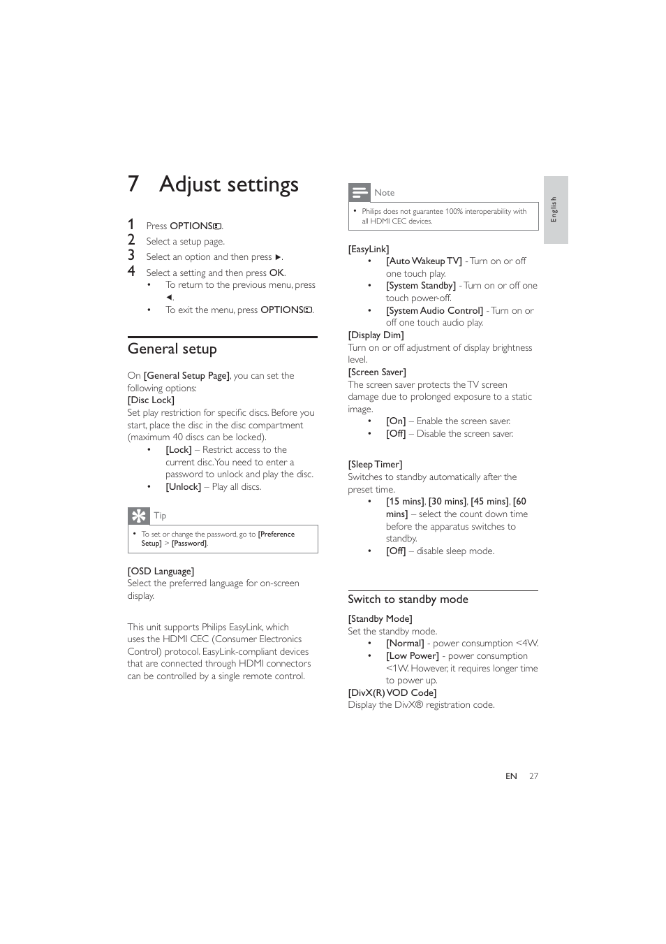 7 adjust settings, General setup | Philips HES4900/12 User Manual | Page 26 / 39