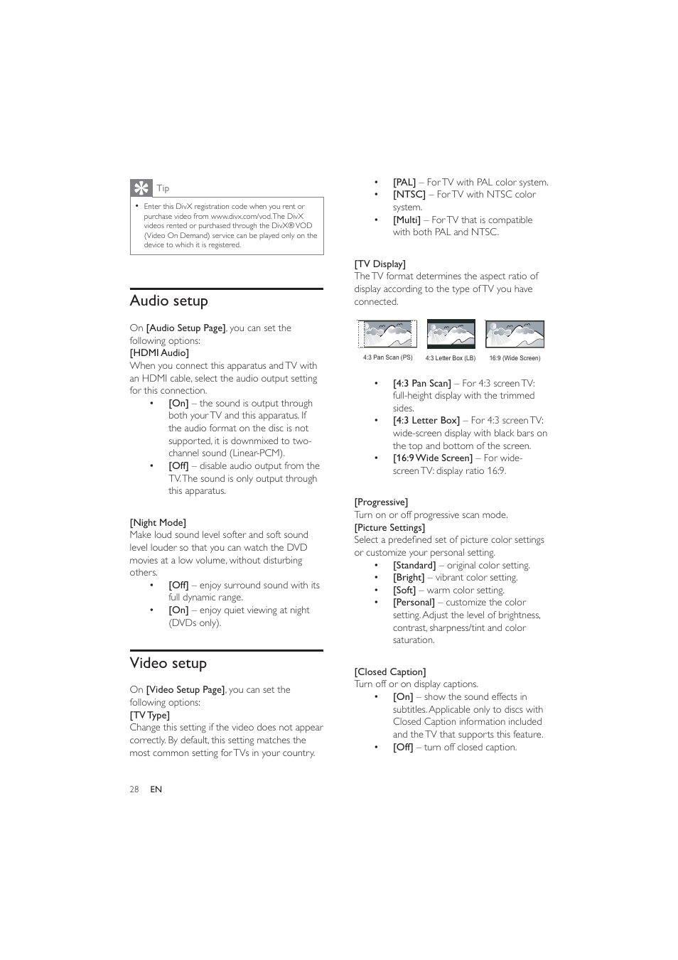 Audio setup, Video setup | Philips HES4900/12 User Manual | Page 27 / 39