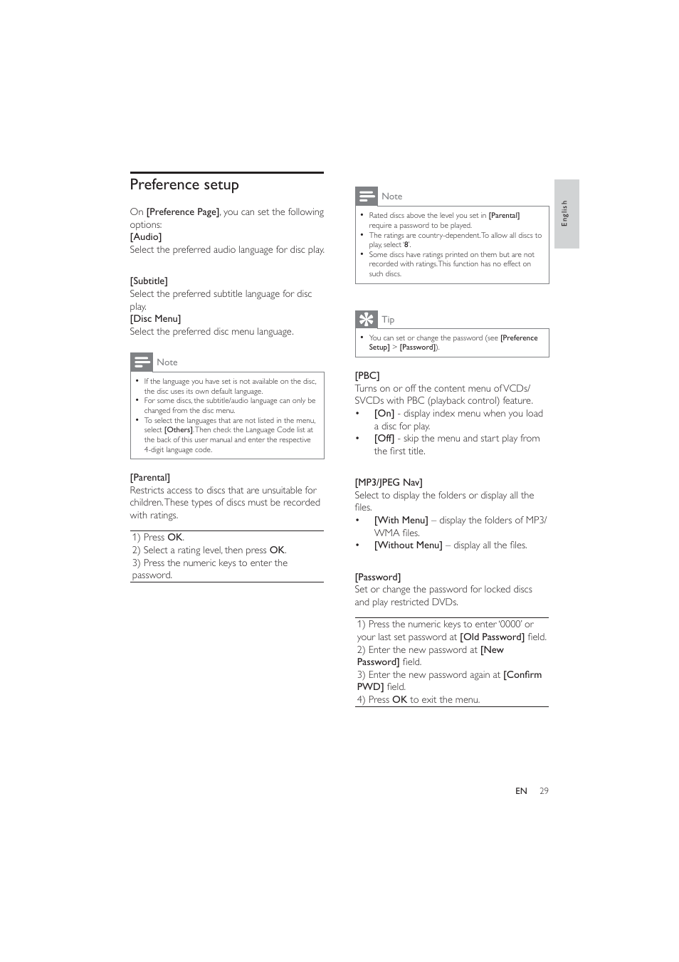 Preference setup | Philips HES4900/12 User Manual | Page 28 / 39