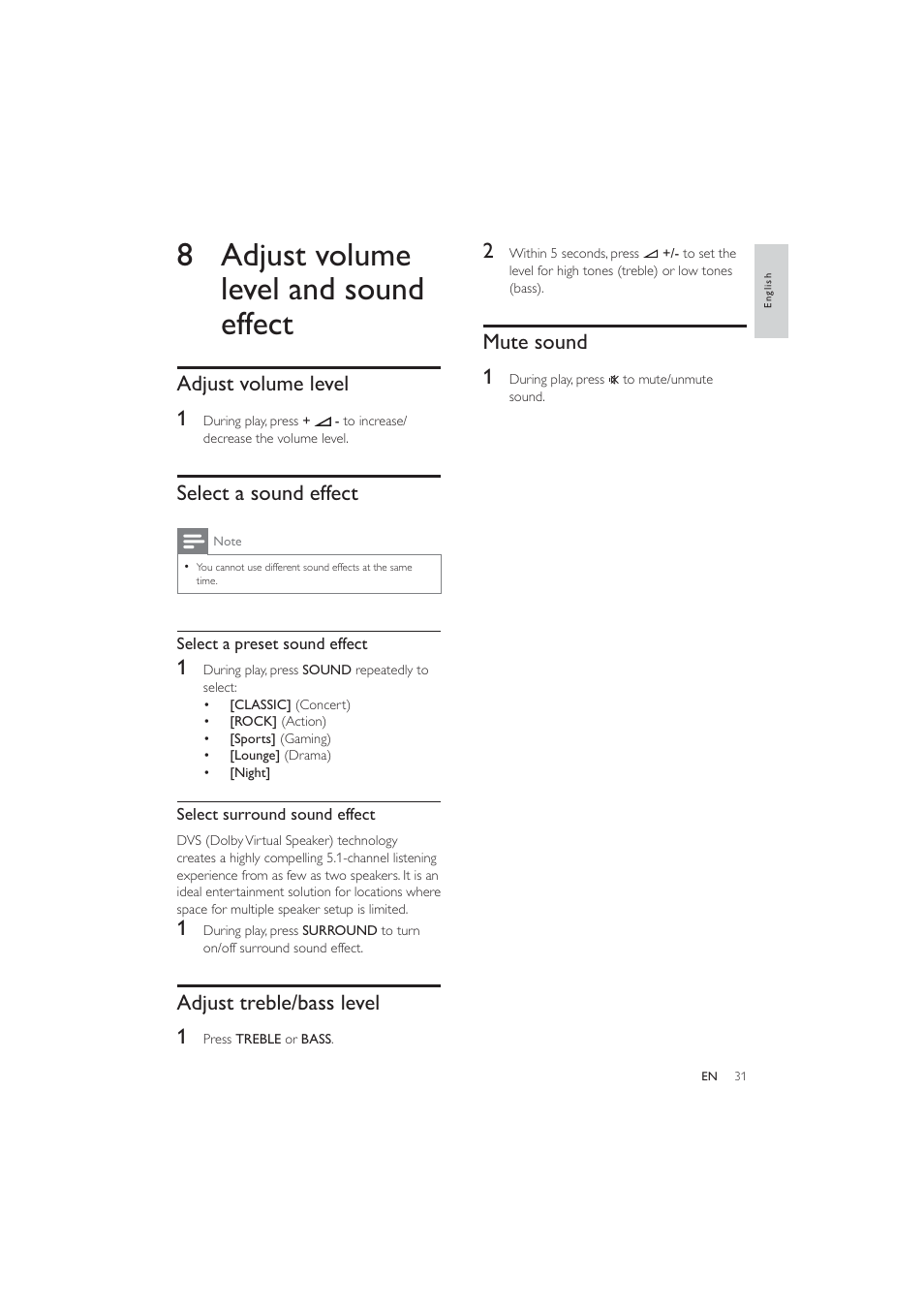 8 adjust volume level and sound effect, Mute sound 1, Adjust volume level 1 | Select a sound effect, Adjust treble/bass level 1 | Philips HES4900/12 User Manual | Page 30 / 39