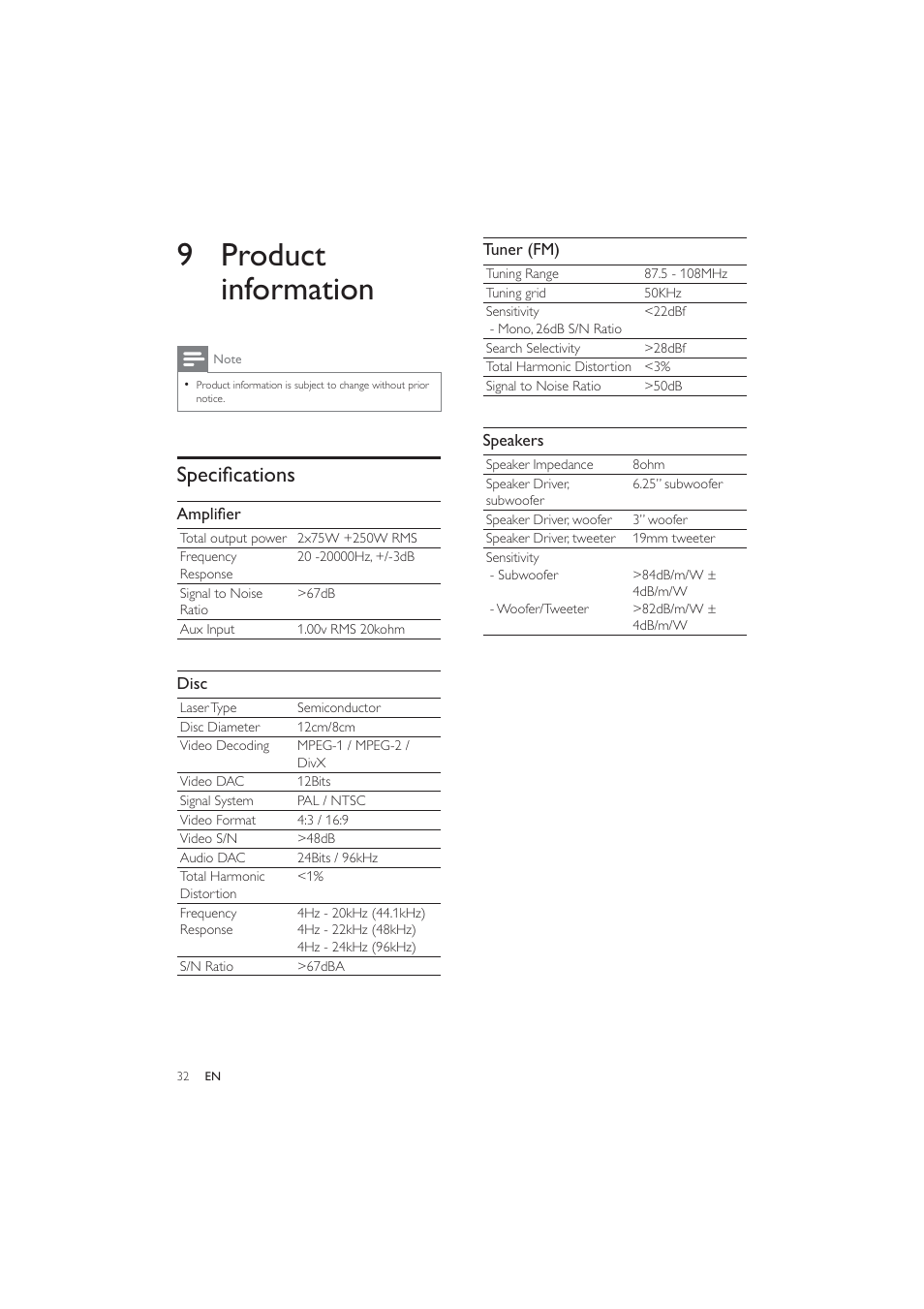 9 product information, 6shflàfdwlrqv | Philips HES4900/12 User Manual | Page 31 / 39