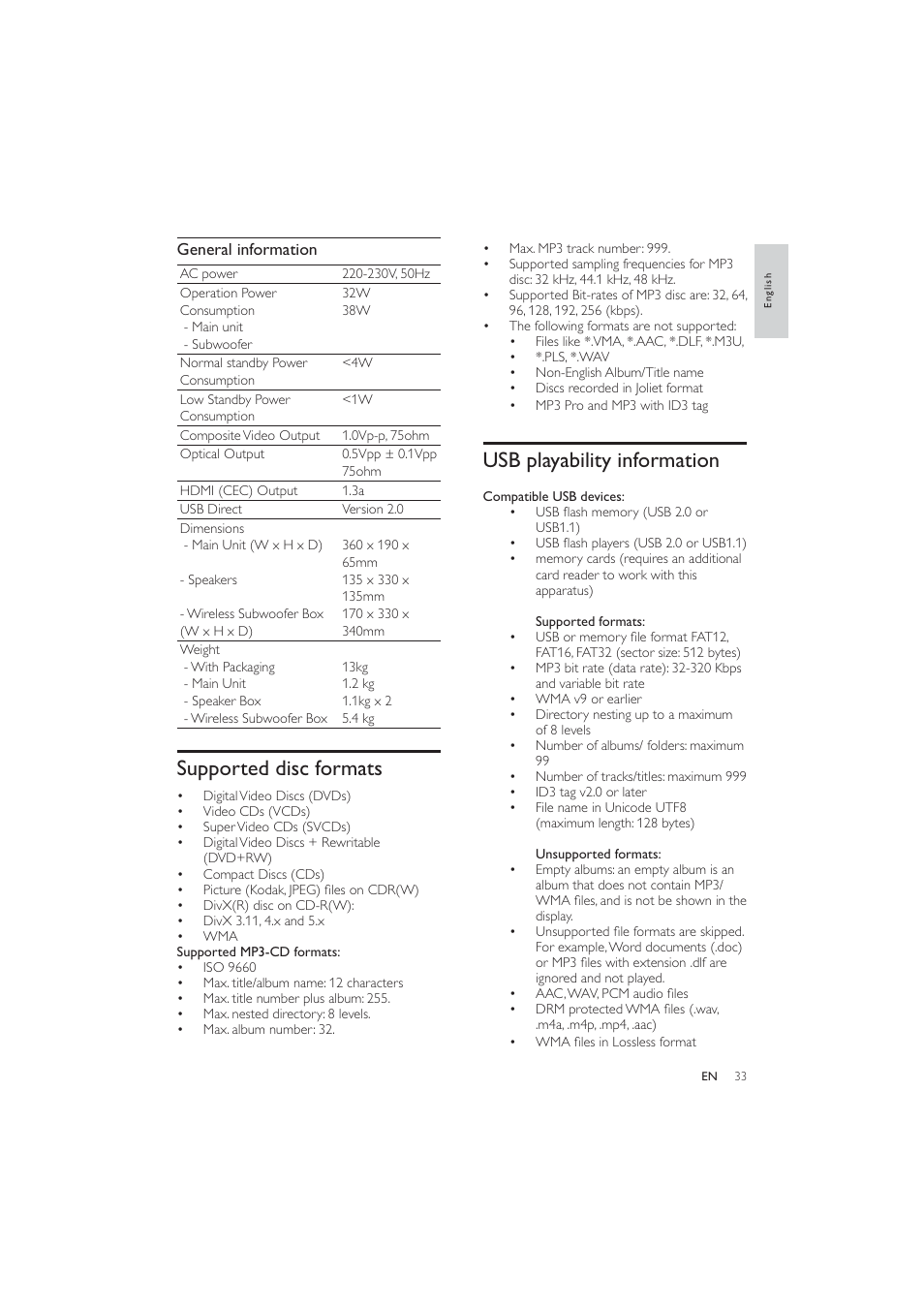 Usb playability information, Supported disc formats | Philips HES4900/12 User Manual | Page 32 / 39