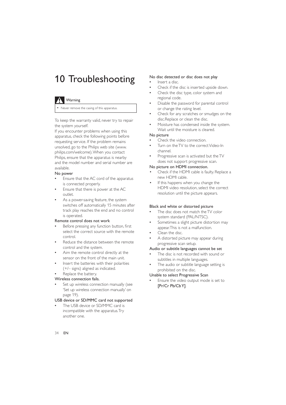 10 troubleshooting | Philips HES4900/12 User Manual | Page 33 / 39