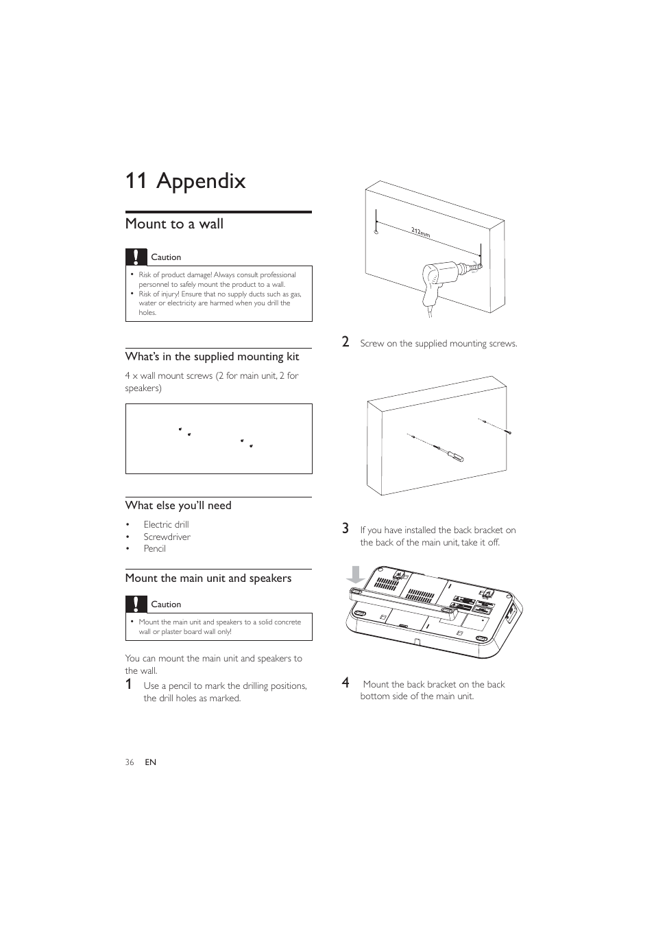 11 appendix, Mount to a wall | Philips HES4900/12 User Manual | Page 35 / 39