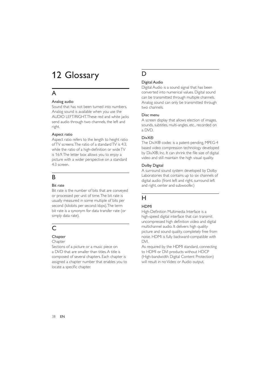 12 glossary | Philips HES4900/12 User Manual | Page 37 / 39