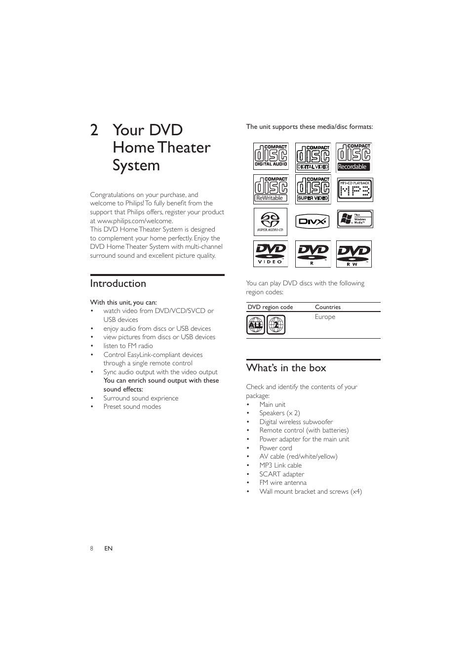 2 your dvd home theater system, What’s in the box, Introduction | Philips HES4900/12 User Manual | Page 7 / 39