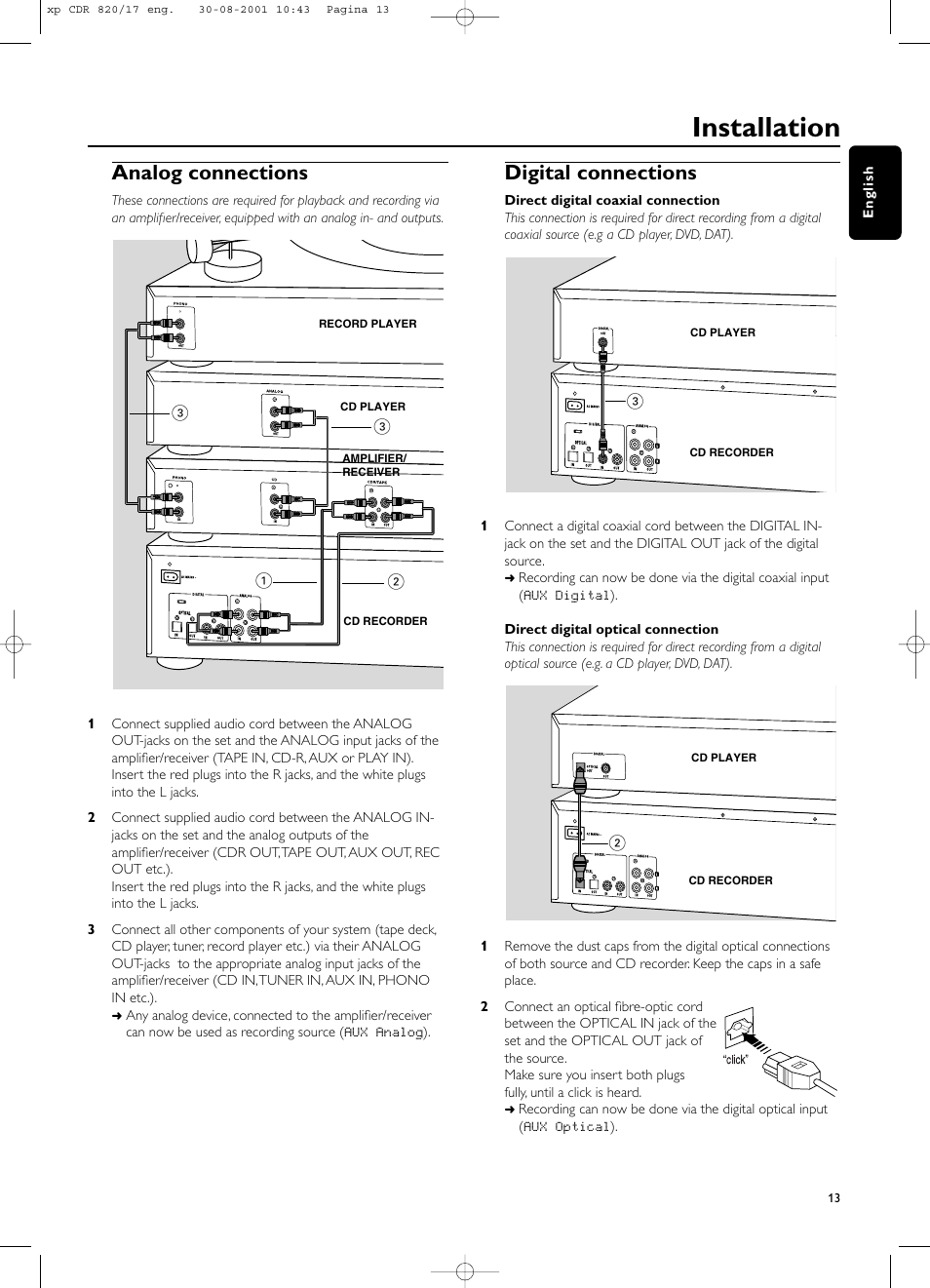 Installation, Analog connections, Digital connections | Philips CDR820/17 User Manual | Page 13 / 30