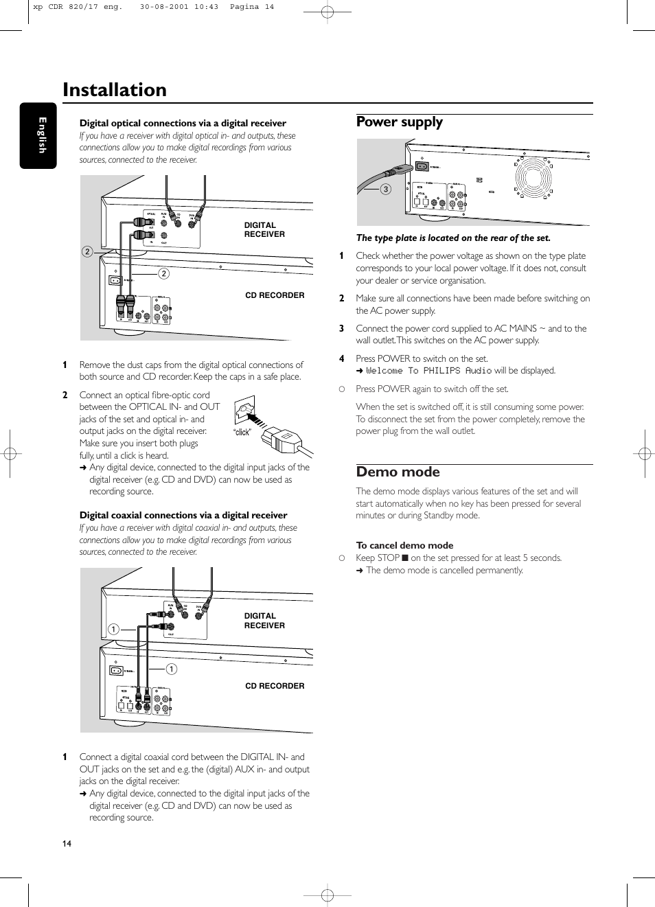 Installation, Power supply, Demo mode | Philips CDR820/17 User Manual | Page 14 / 30