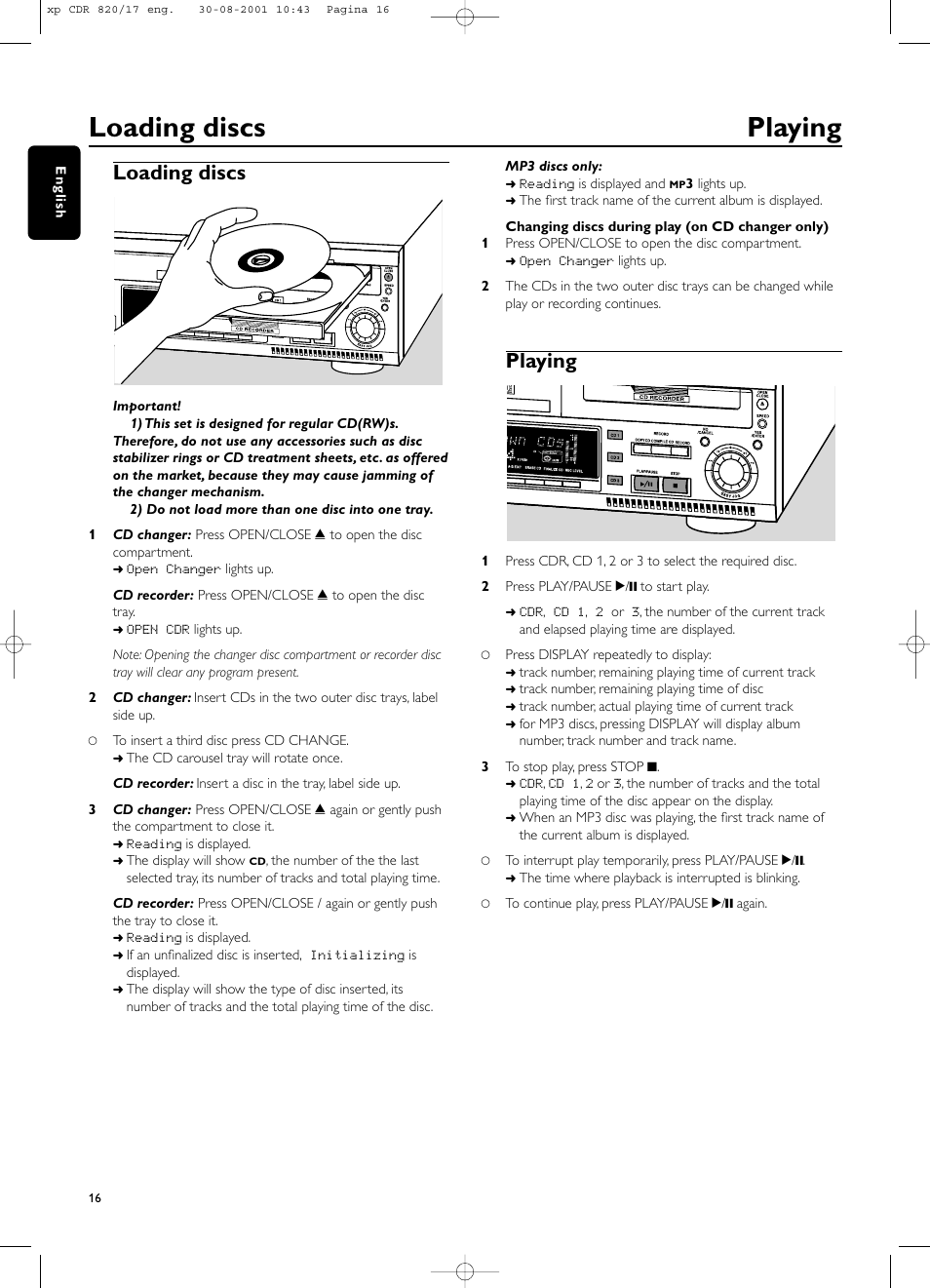 Loading discs playing, Loading discs, Playing | Philips CDR820/17 User Manual | Page 16 / 30