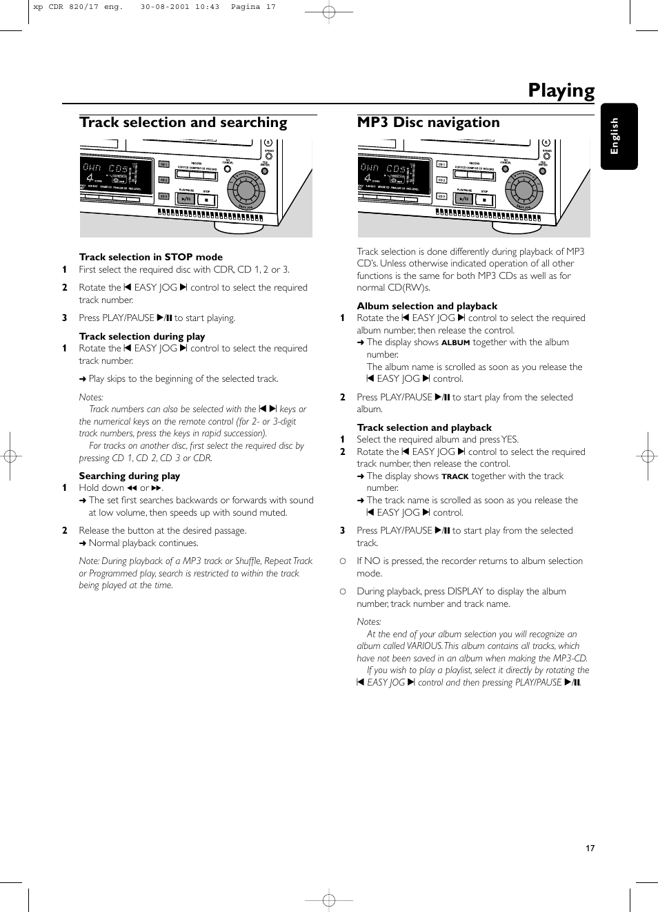 Playing, Track selection and searching, Mp3 disc navigation | Philips CDR820/17 User Manual | Page 17 / 30