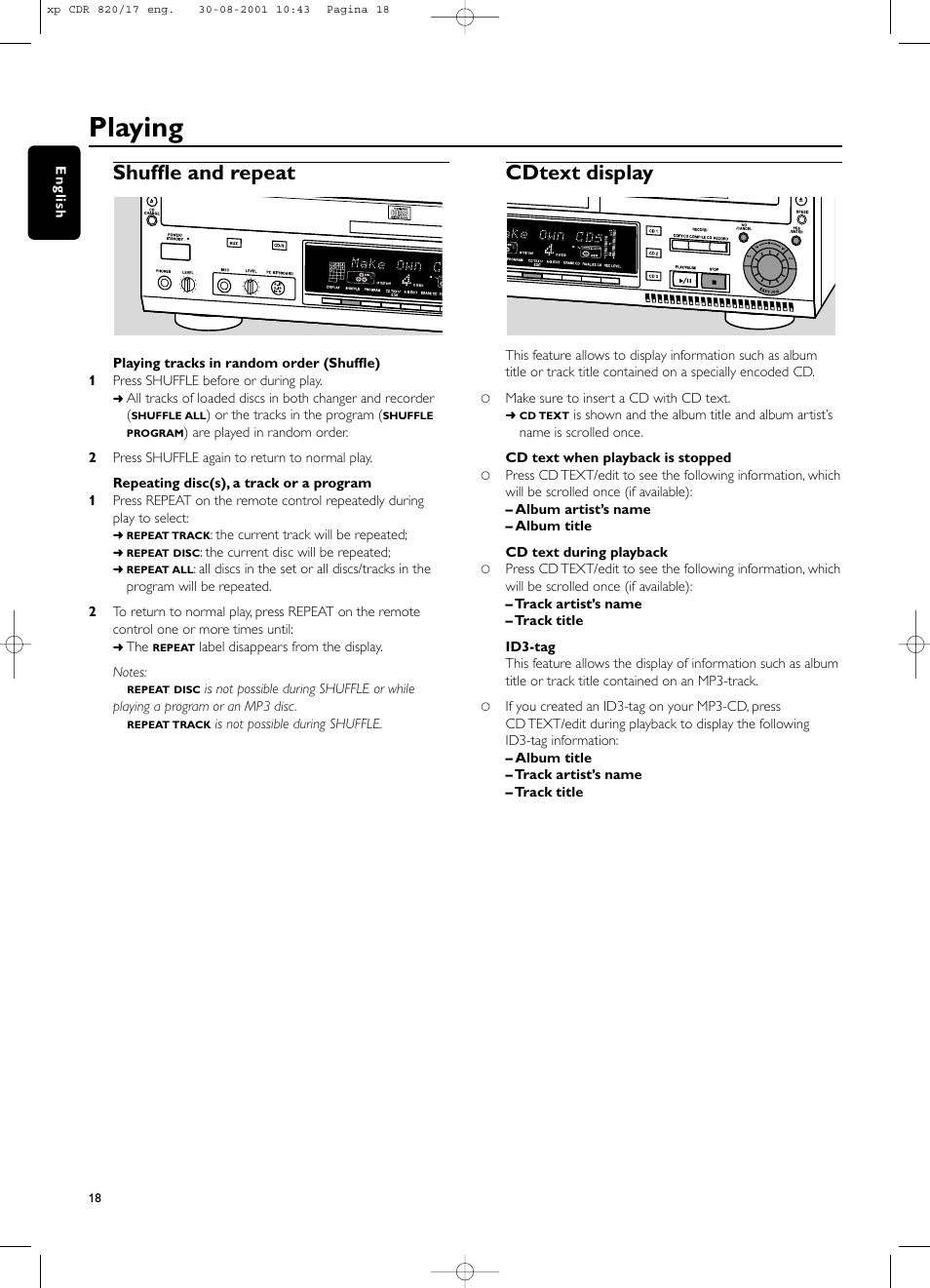 Playing, Shuffle and repeat, Cdtext display | Philips CDR820/17 User Manual | Page 18 / 30