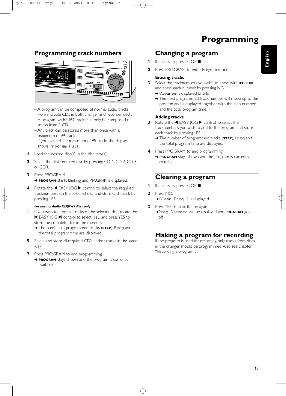 Programming, Programming track numbers, Changing a program | Clearing a program, Making a program for recording | Philips CDR820/17 User Manual | Page 19 / 30