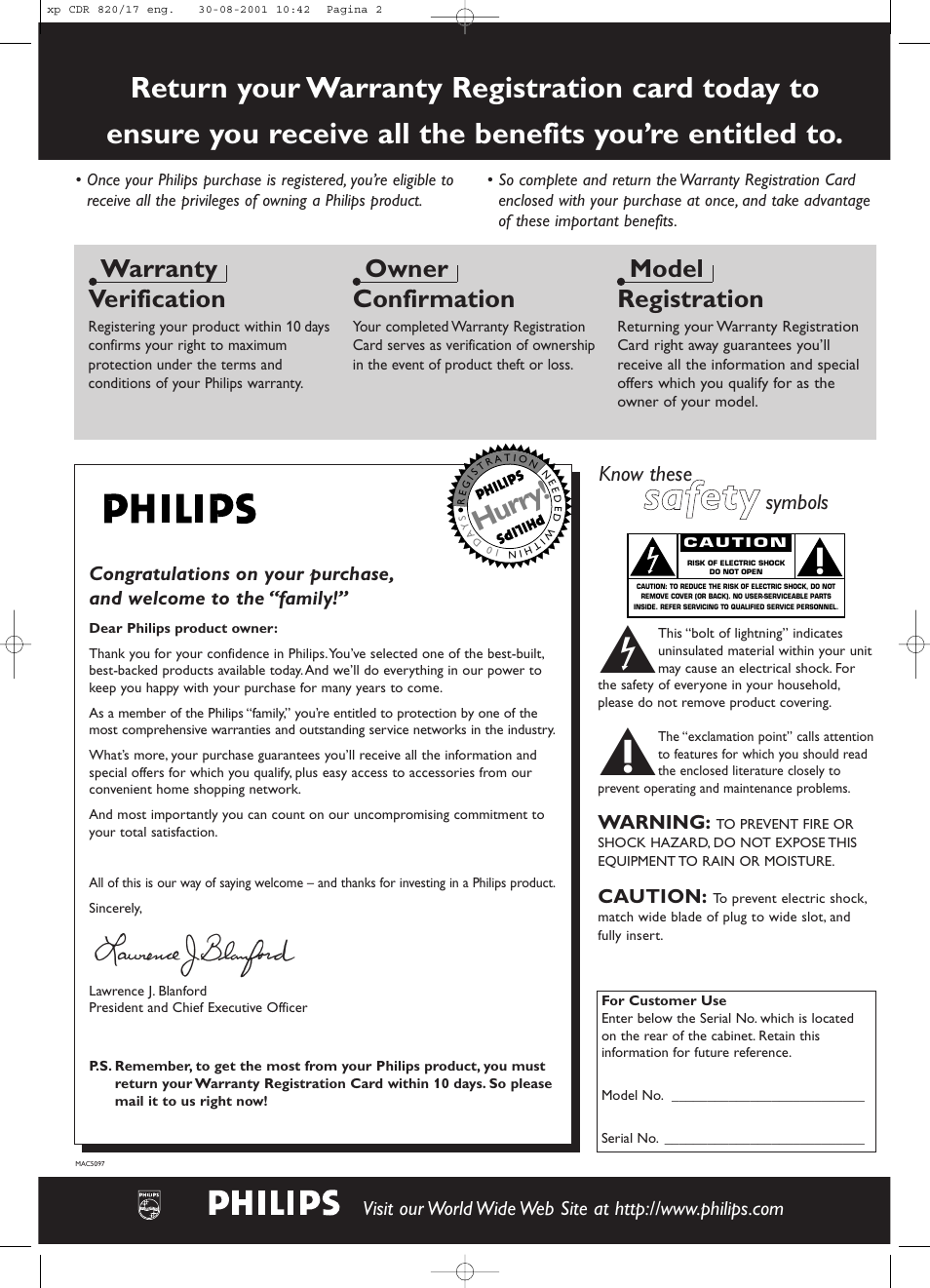 Ssa affe etty y, Hurry, Warranty verification | Owner confirmation, Model registration, Know these, Symbols | Philips CDR820/17 User Manual | Page 2 / 30