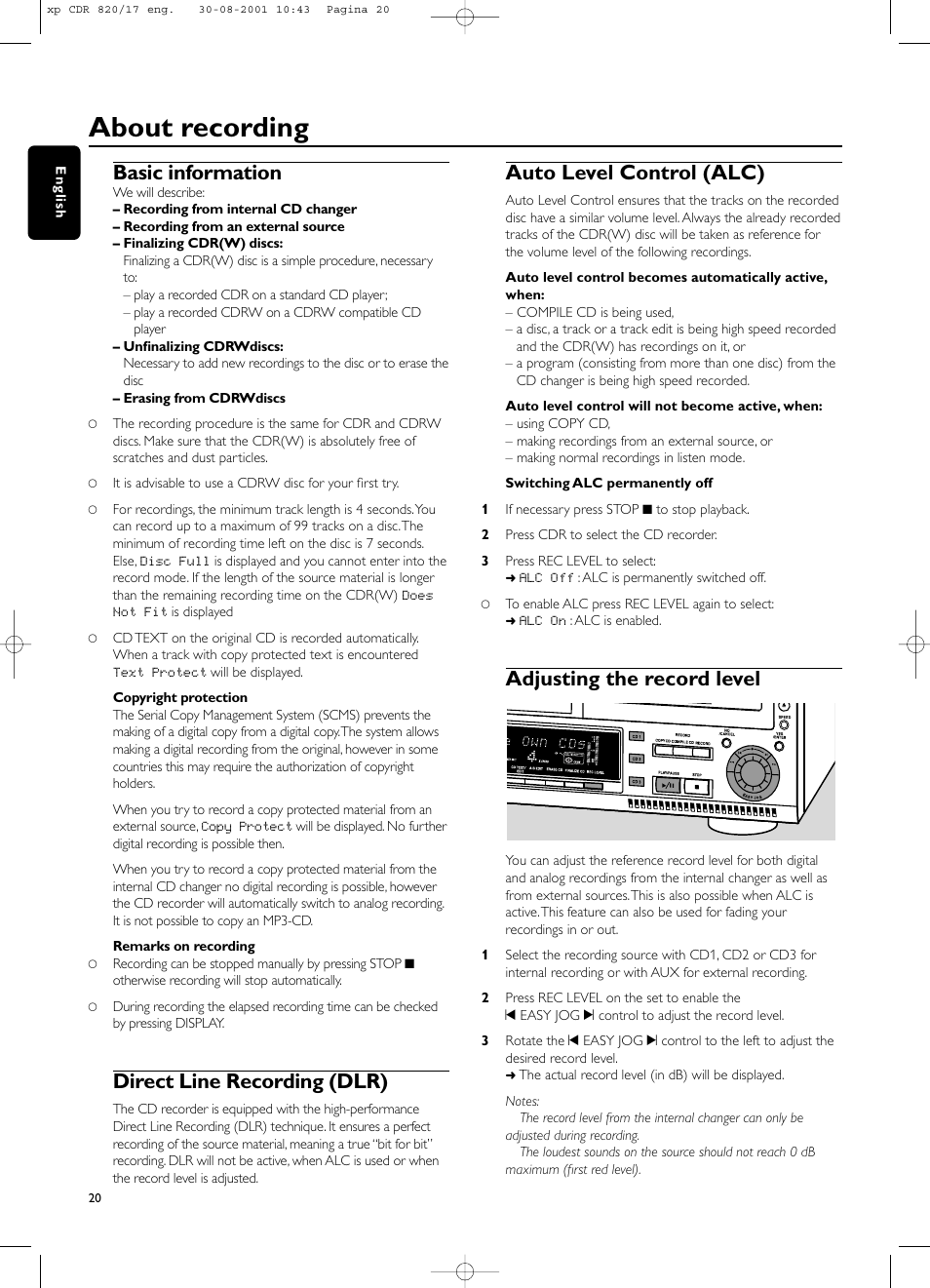 About recording, Basic information, Direct line recording (dlr) | Auto level control (alc), Adjusting the record level | Philips CDR820/17 User Manual | Page 20 / 30