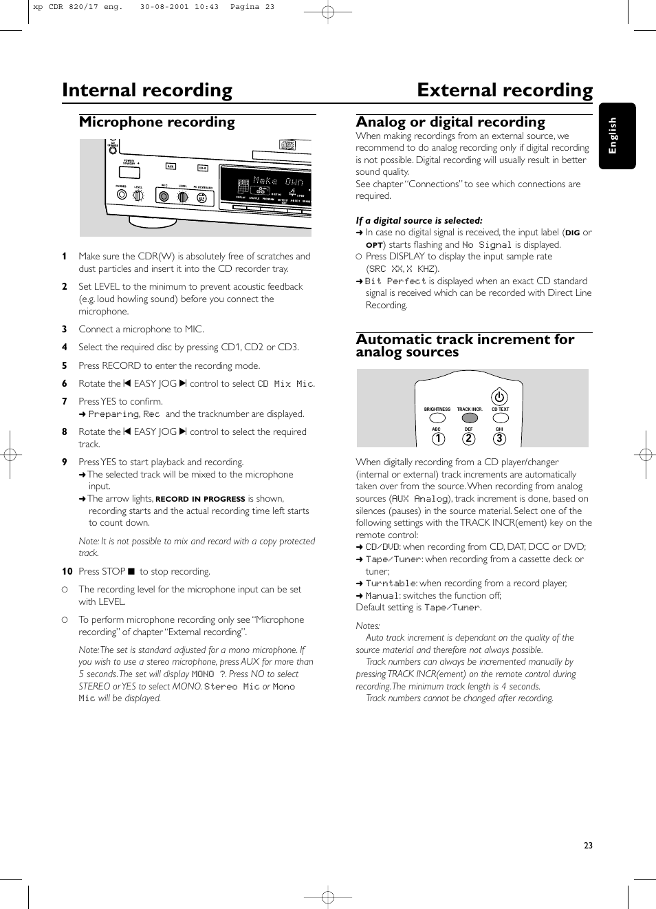 Internal recording external recording, Microphone recording, Analog or digital recording | Automatic track increment for analog sources | Philips CDR820/17 User Manual | Page 23 / 30