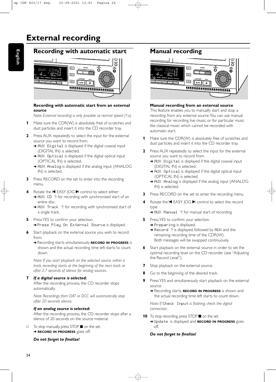 External recording, Recording with automatic start, Manual recording | Philips CDR820/17 User Manual | Page 24 / 30