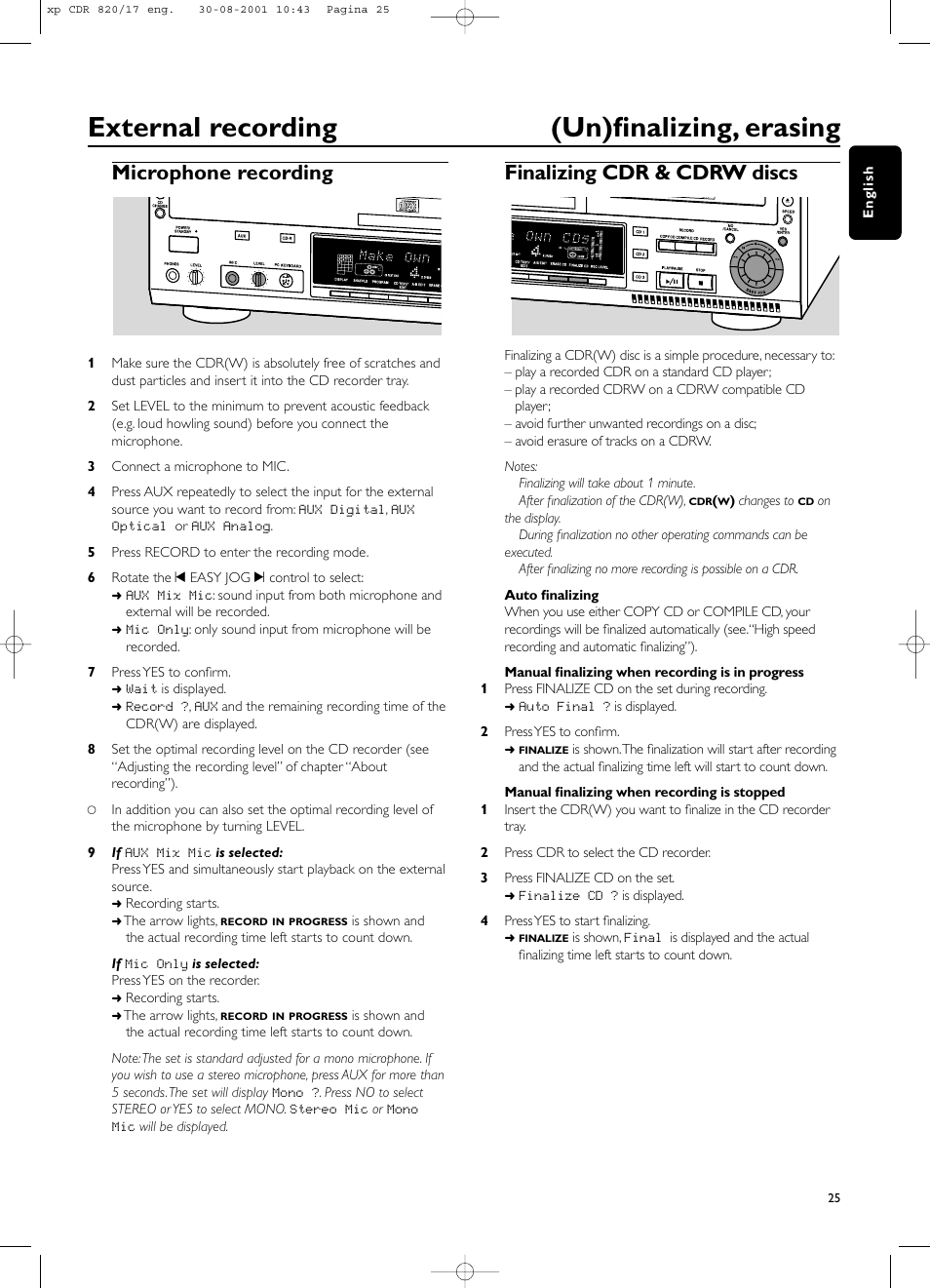 External recording (un)finalizing, erasing, Microphone recording, Finalizing cdr & cdrw discs | Philips CDR820/17 User Manual | Page 25 / 30