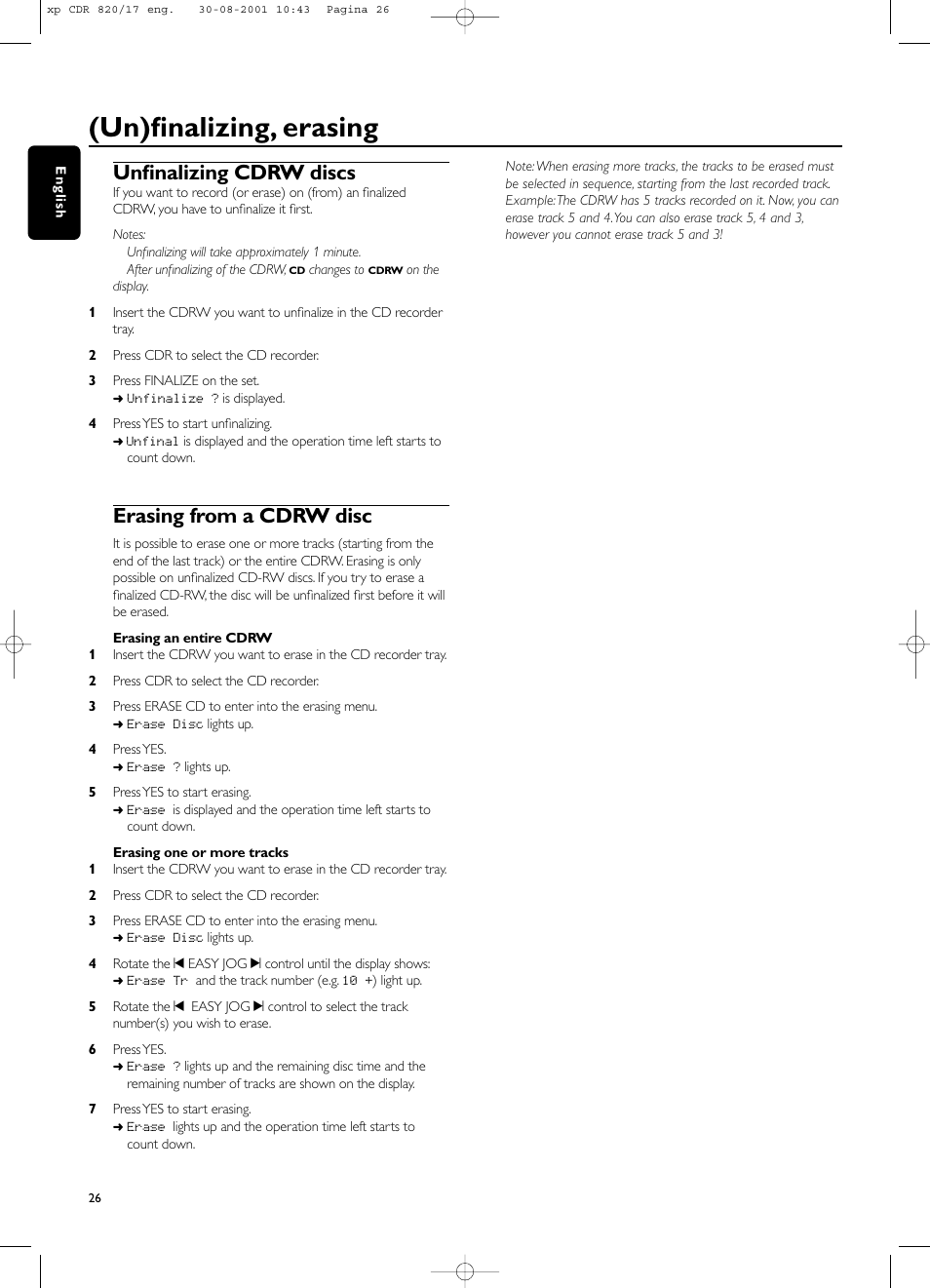 Un)finalizing, erasing, Unfinalizing cdrw discs, Erasing from a cdrw disc | Philips CDR820/17 User Manual | Page 26 / 30