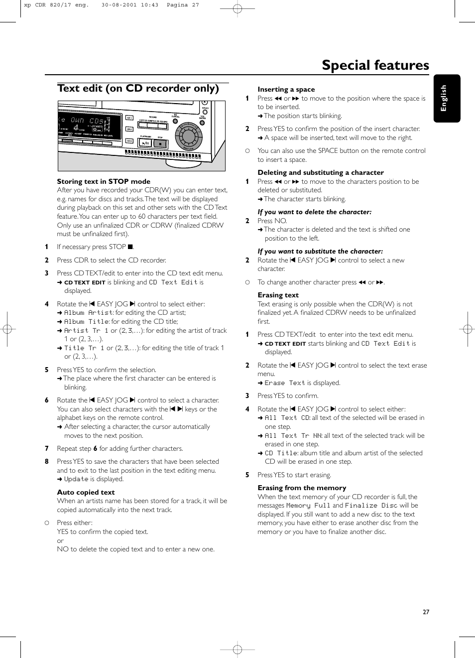 Special features, Text edit (on cd recorder only) | Philips CDR820/17 User Manual | Page 27 / 30