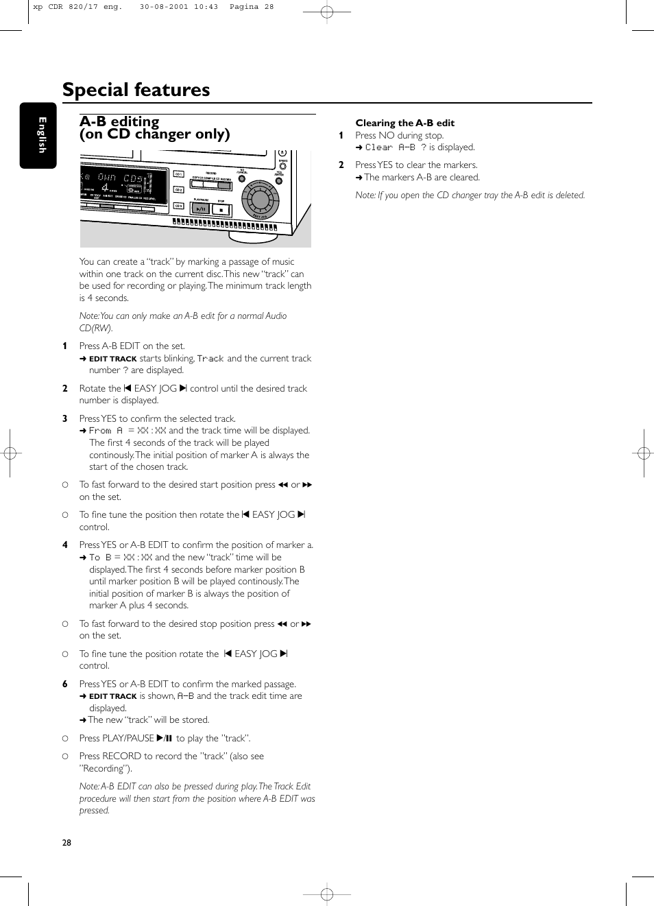 Special features, A-b editing (on cd changer only) | Philips CDR820/17 User Manual | Page 28 / 30