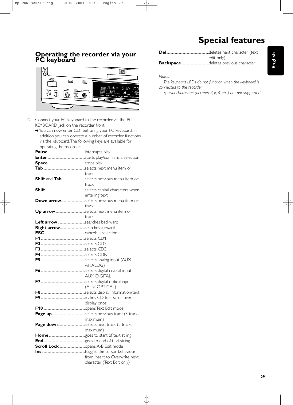 Special features, Operating the recorder via your pc keyboard | Philips CDR820/17 User Manual | Page 29 / 30