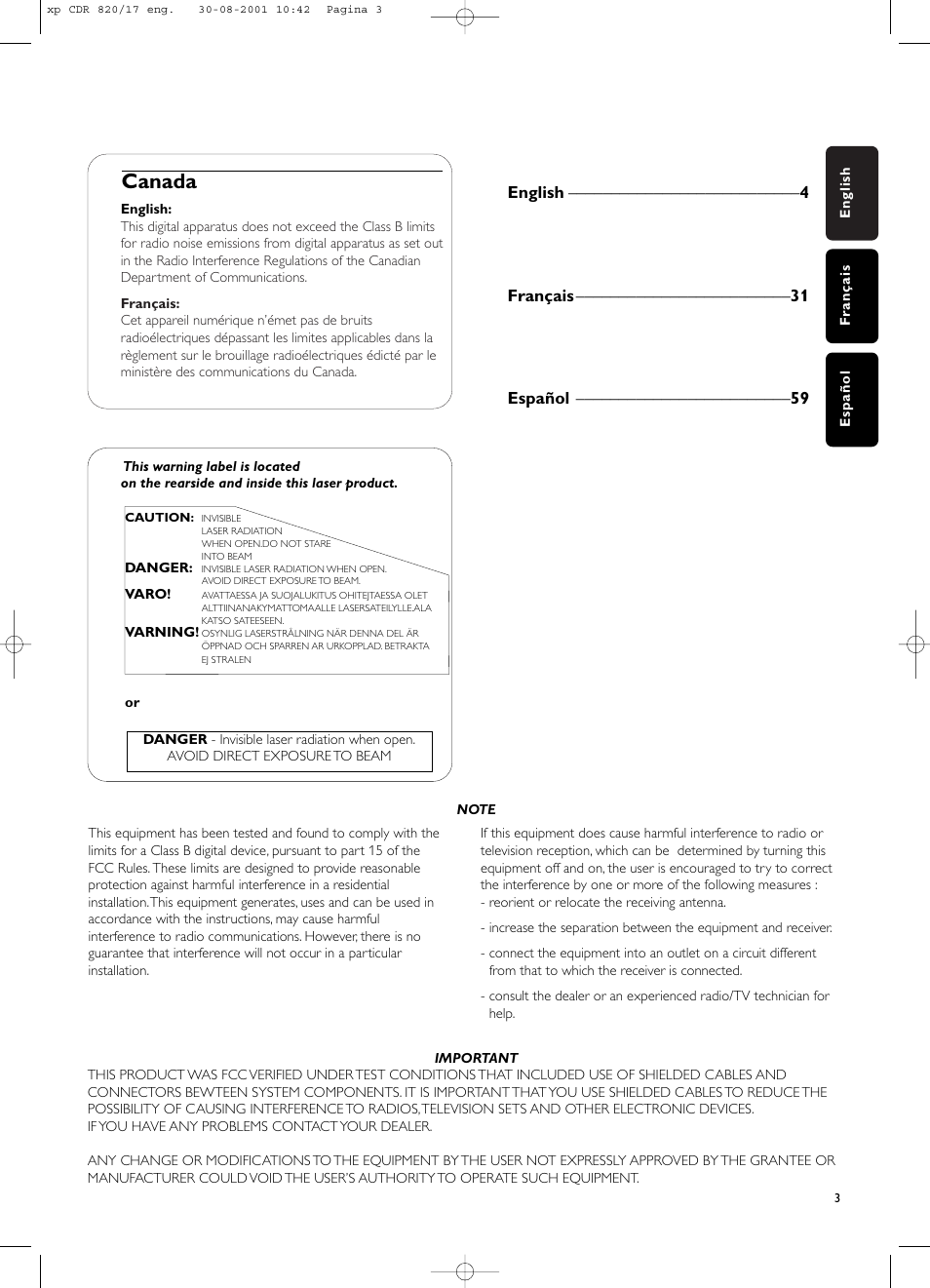 Canada | Philips CDR820/17 User Manual | Page 3 / 30