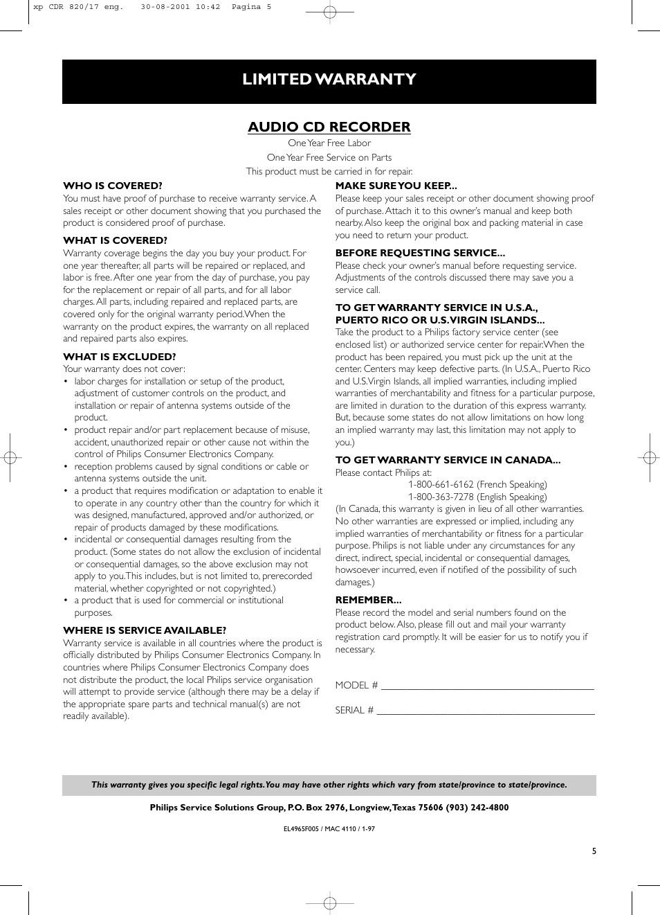 Limited warranty, Audio cd recorder | Philips CDR820/17 User Manual | Page 5 / 30