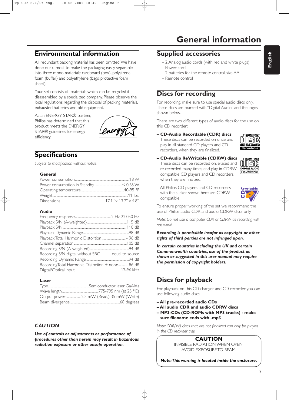 General information, Environmental information, Specifications | Supplied accessories, Discs for recording, Discs for playback | Philips CDR820/17 User Manual | Page 7 / 30