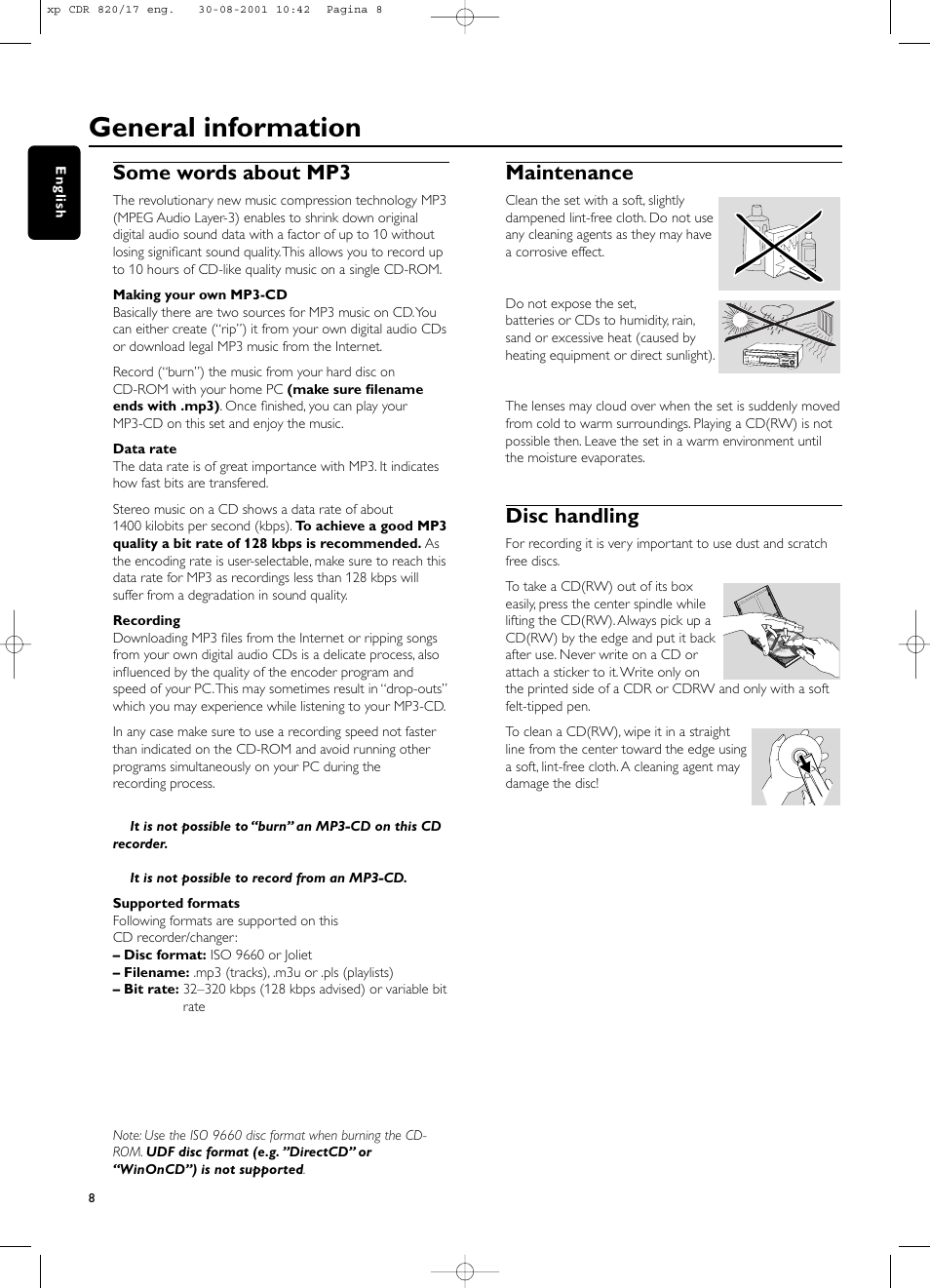 General information, Some words about mp3, Maintenance | Disc handling | Philips CDR820/17 User Manual | Page 8 / 30