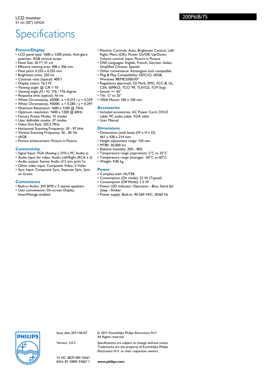 Specifications | Philips 200P6IB User Manual | Page 3 / 3