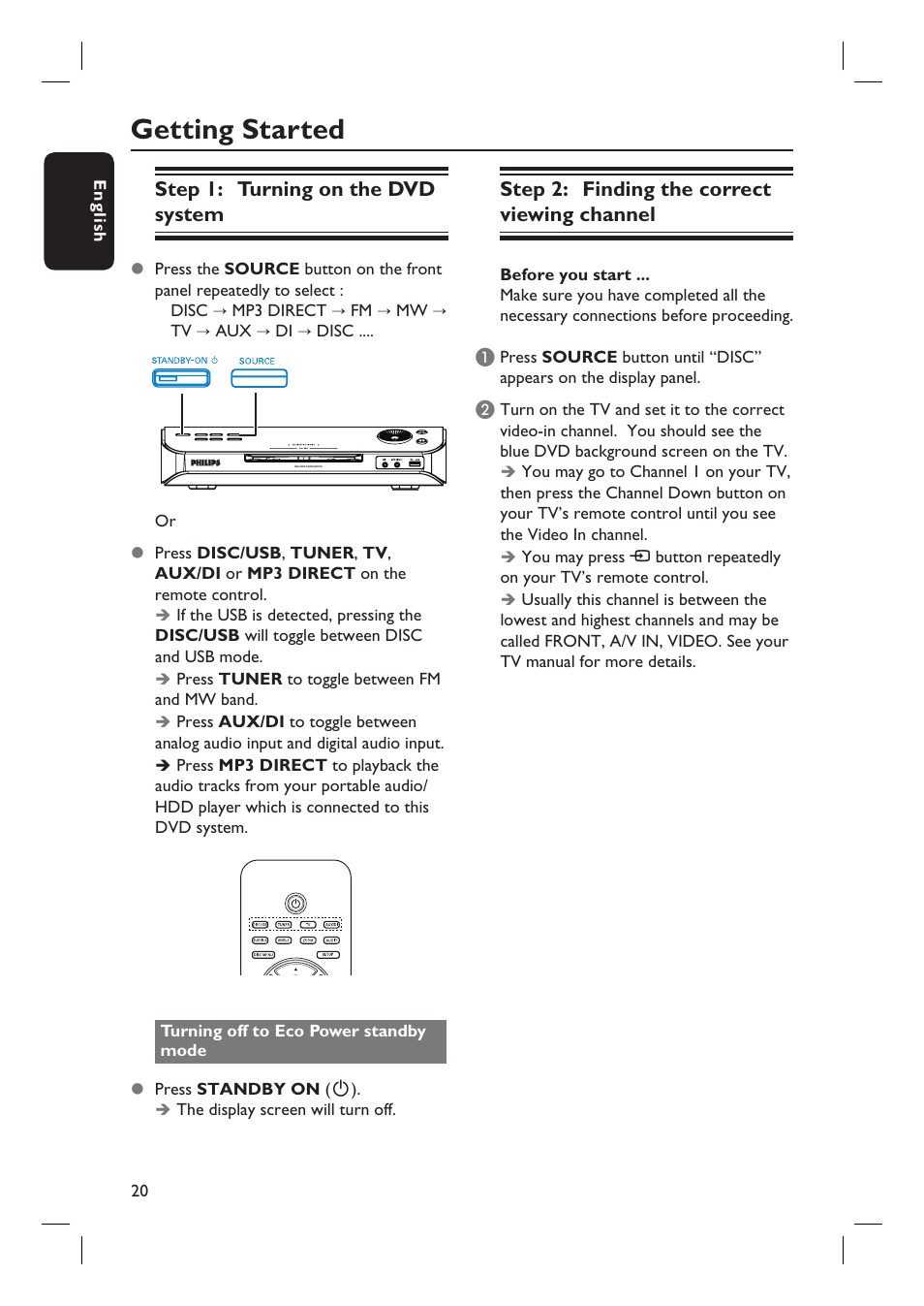Getting started | Philips HTS4750 User Manual | Page 20 / 55