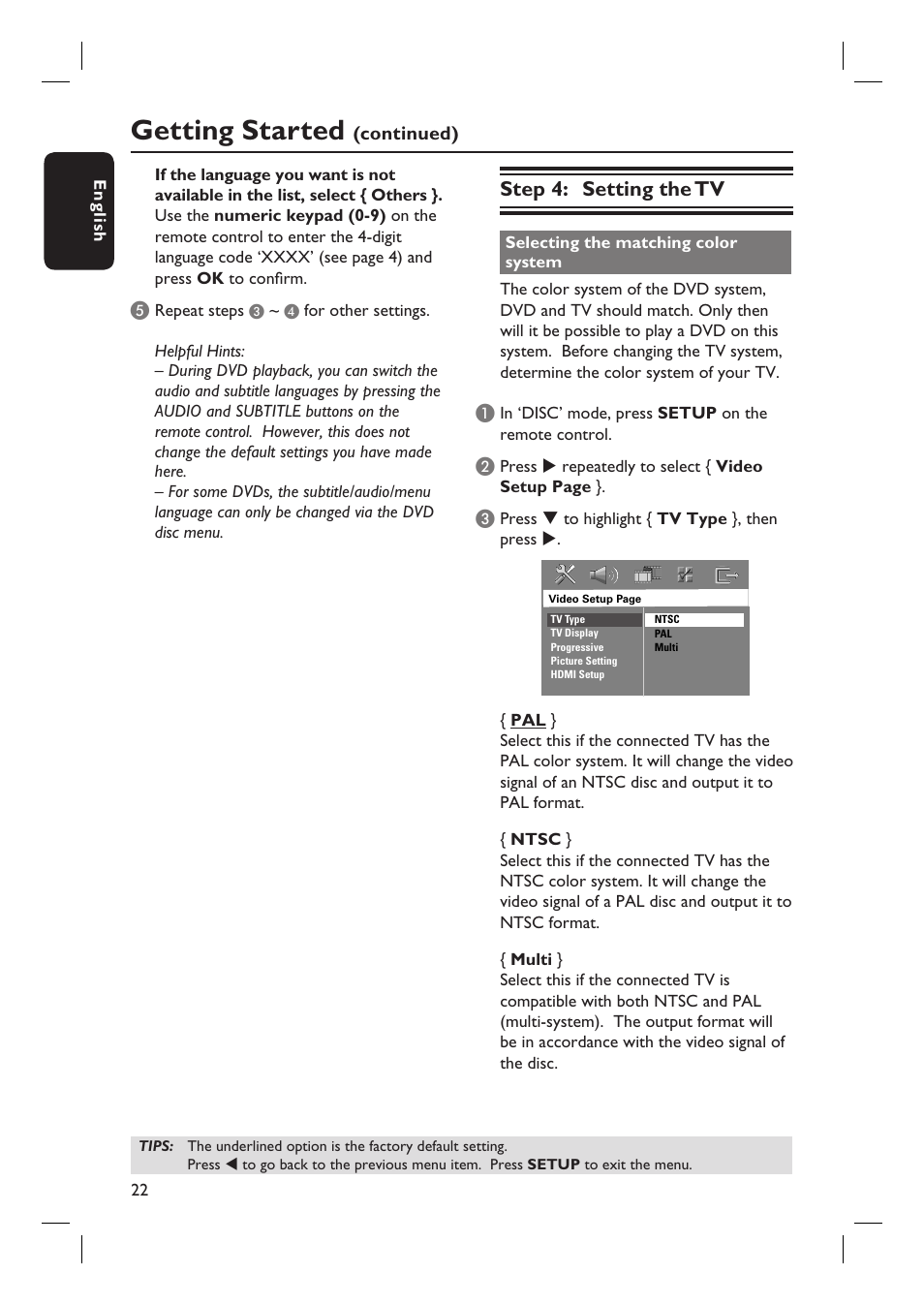 Getting started, Step 4: setting the tv | Philips HTS4750 User Manual | Page 22 / 55