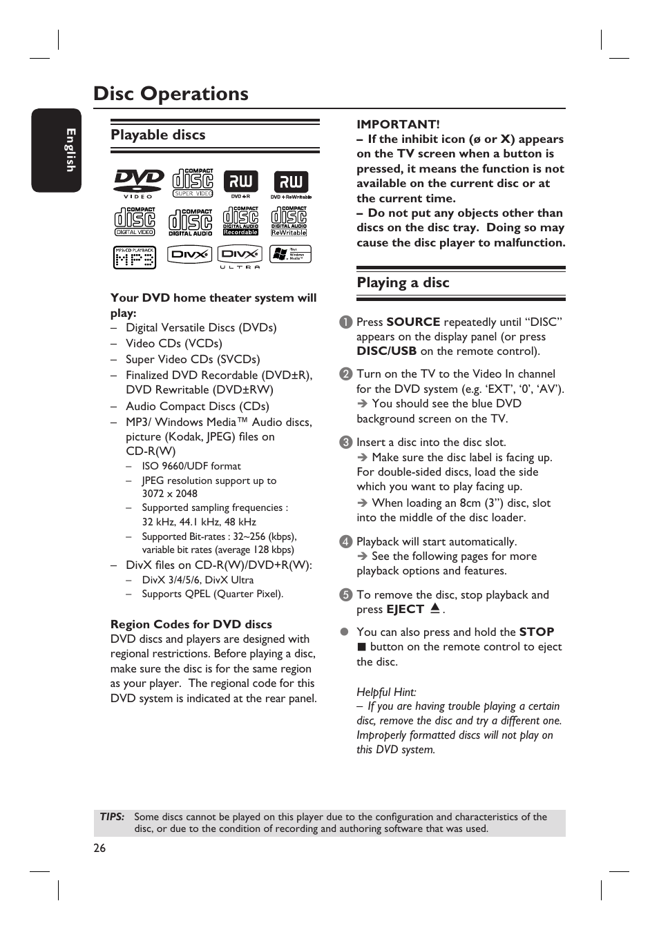 Disc operations, Playable discs, Playing a disc | Philips HTS4750 User Manual | Page 26 / 55