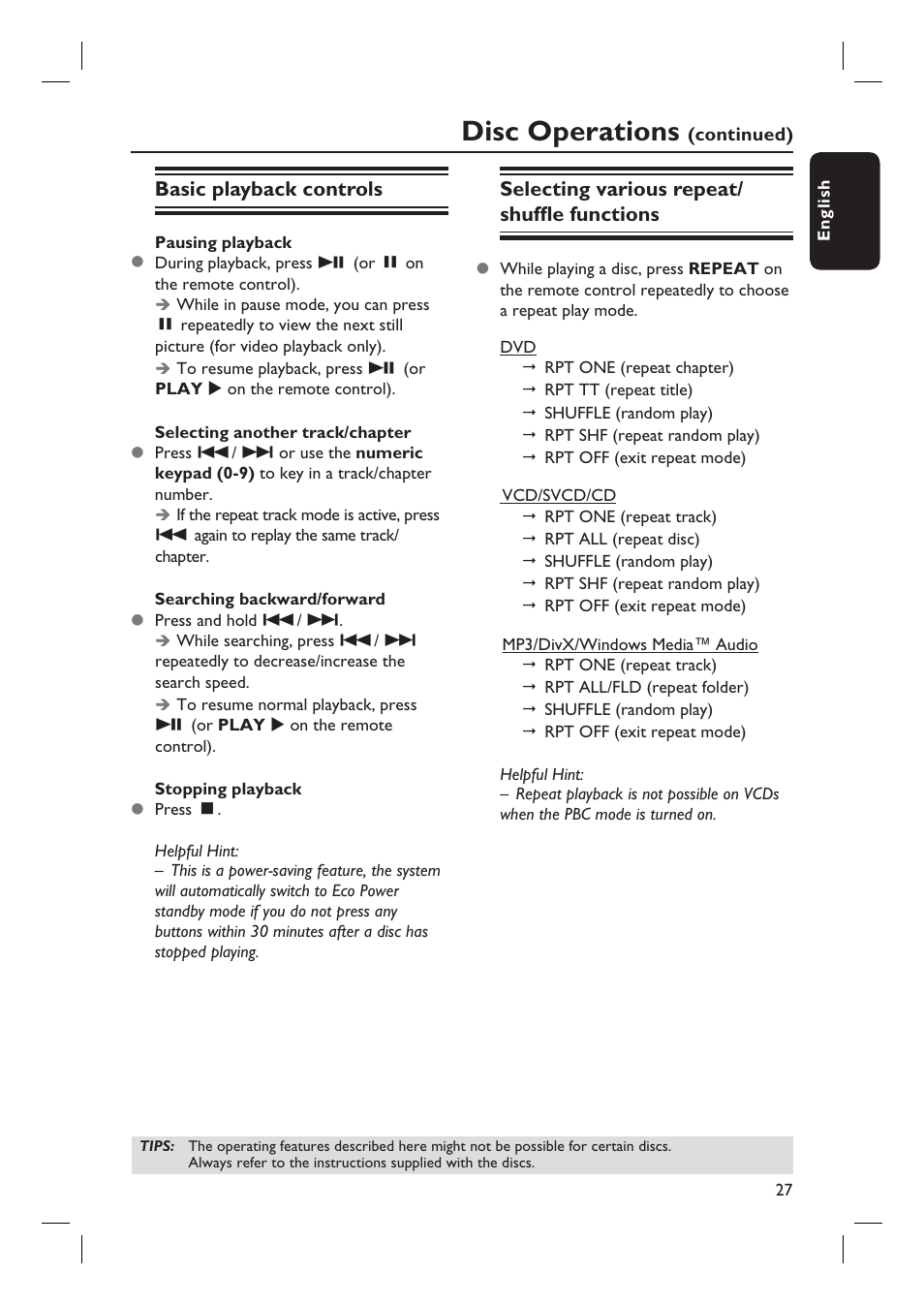 Disc operations, Basic playback controls, Selecting various repeat/ shuffl e functions | Philips HTS4750 User Manual | Page 27 / 55