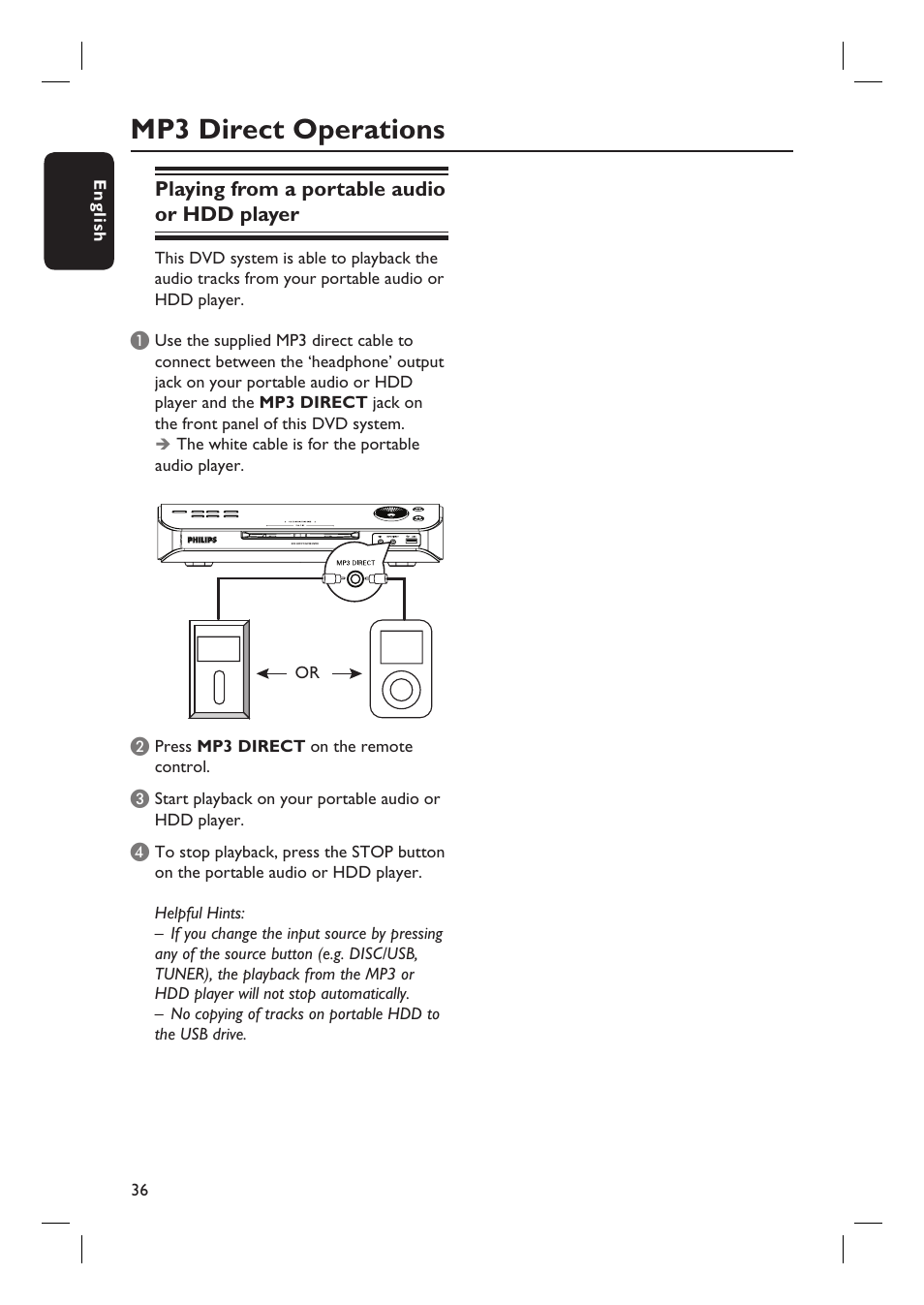 Mp3 direct operations, Playing from a portable audio or hdd player | Philips HTS4750 User Manual | Page 36 / 55