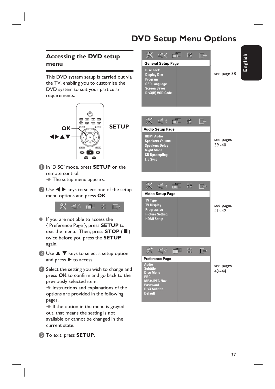 Dvd setup menu options, Accessing the dvd setup menu | Philips HTS4750 User Manual | Page 37 / 55