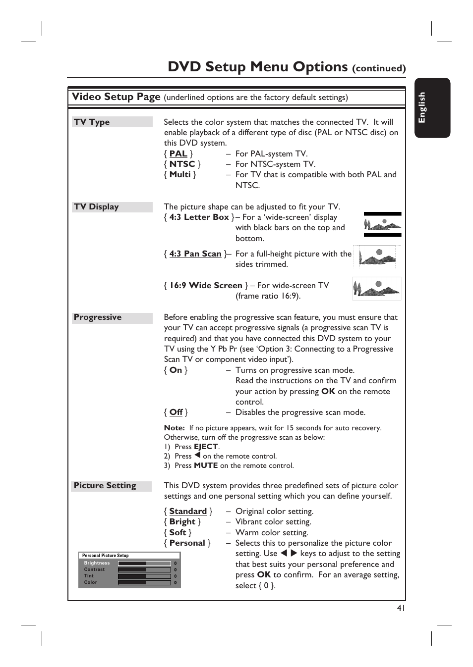 Dvd setup menu options, Video setup page | Philips HTS4750 User Manual | Page 41 / 55