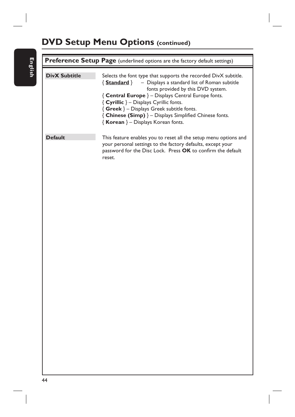 Dvd setup menu options | Philips HTS4750 User Manual | Page 44 / 55